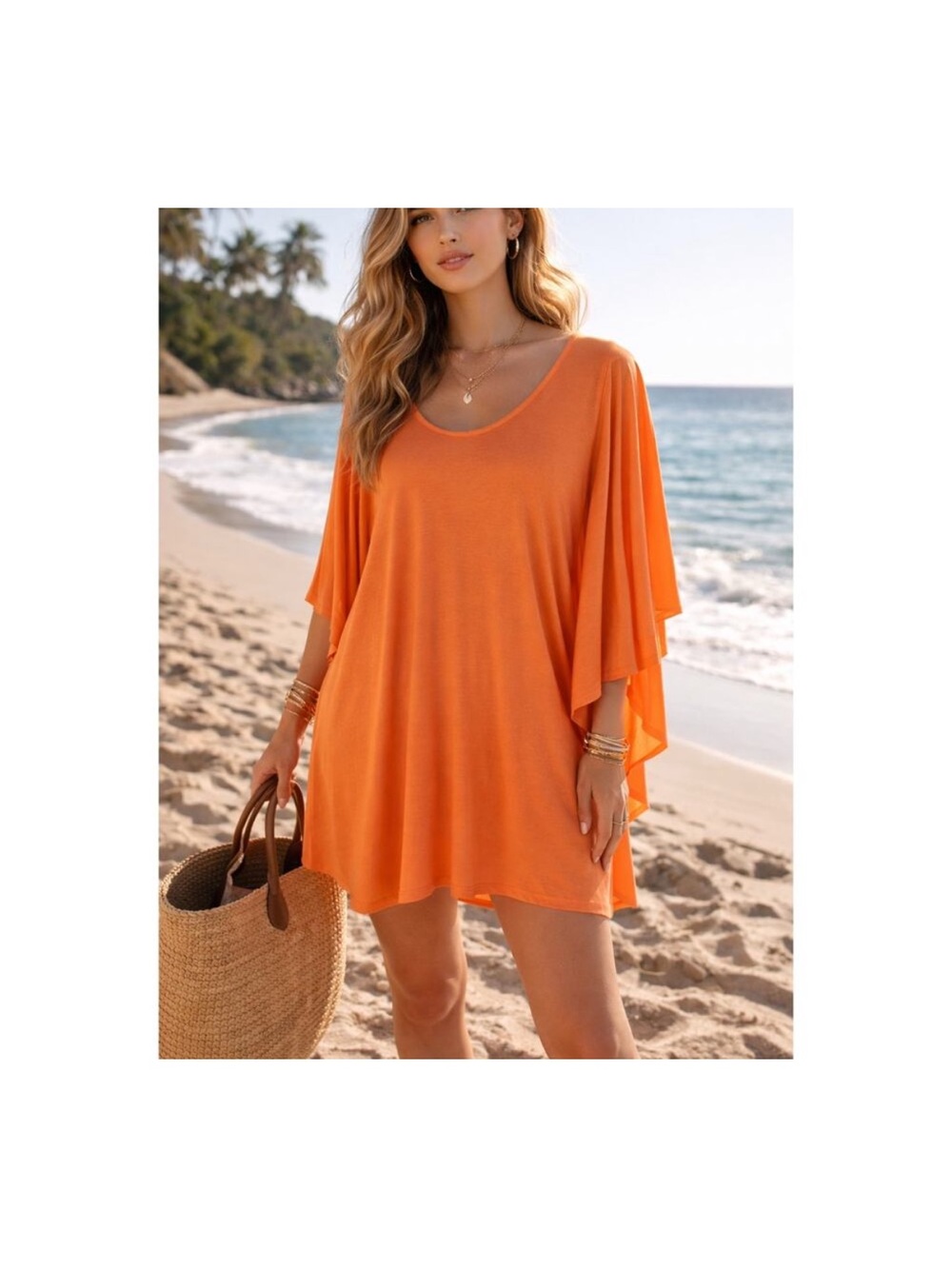 Free People Beach Orange Swim Cover-Upβ Dress Flowy Batwing Size Medium